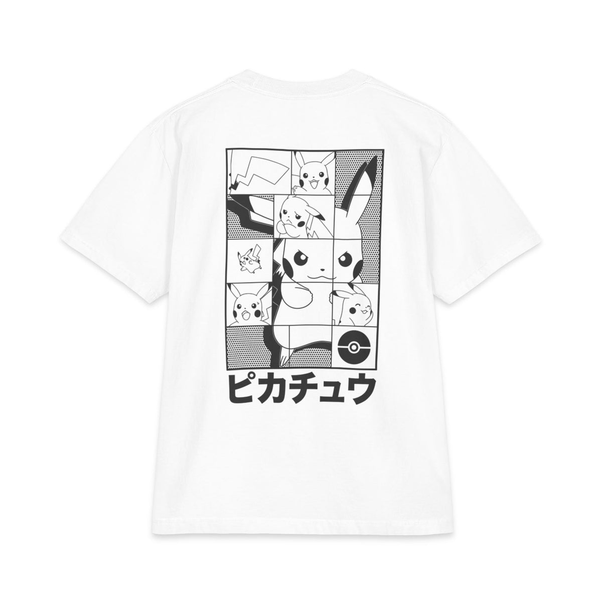 Pika Manga Grid T‑Shirt — Japanese Text Pocket & Back Print