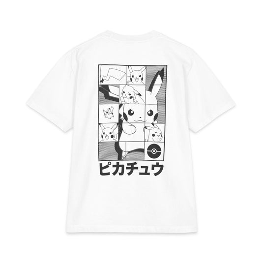 Pika Manga Grid T‑Shirt — Japanese Text Pocket & Back Print